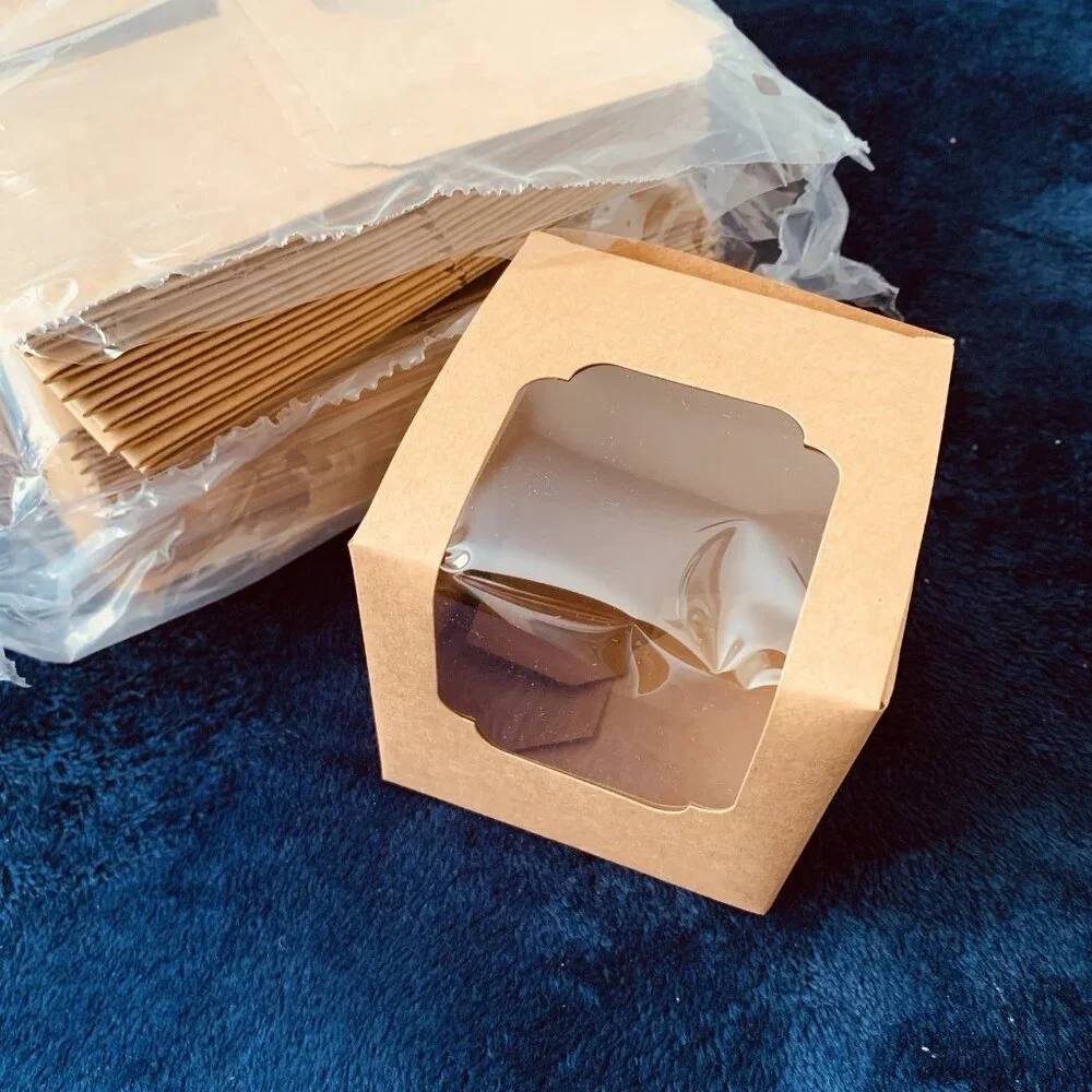 44 Pack Single Cupcake Boxes Brown Kraft Paper With Window 3.5‎ Inches Square